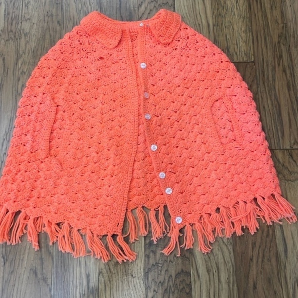 Hand Crafted Coral Orange Crochet Fringe Sweater Cape